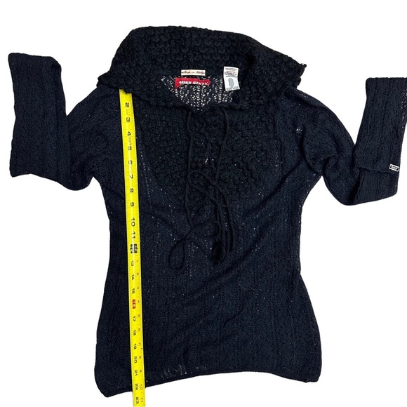 Miss Sixty Black Crochet Knit Top Large Tie Up Front Witchy Goth Made Italy EUC - Picture 6 of 7